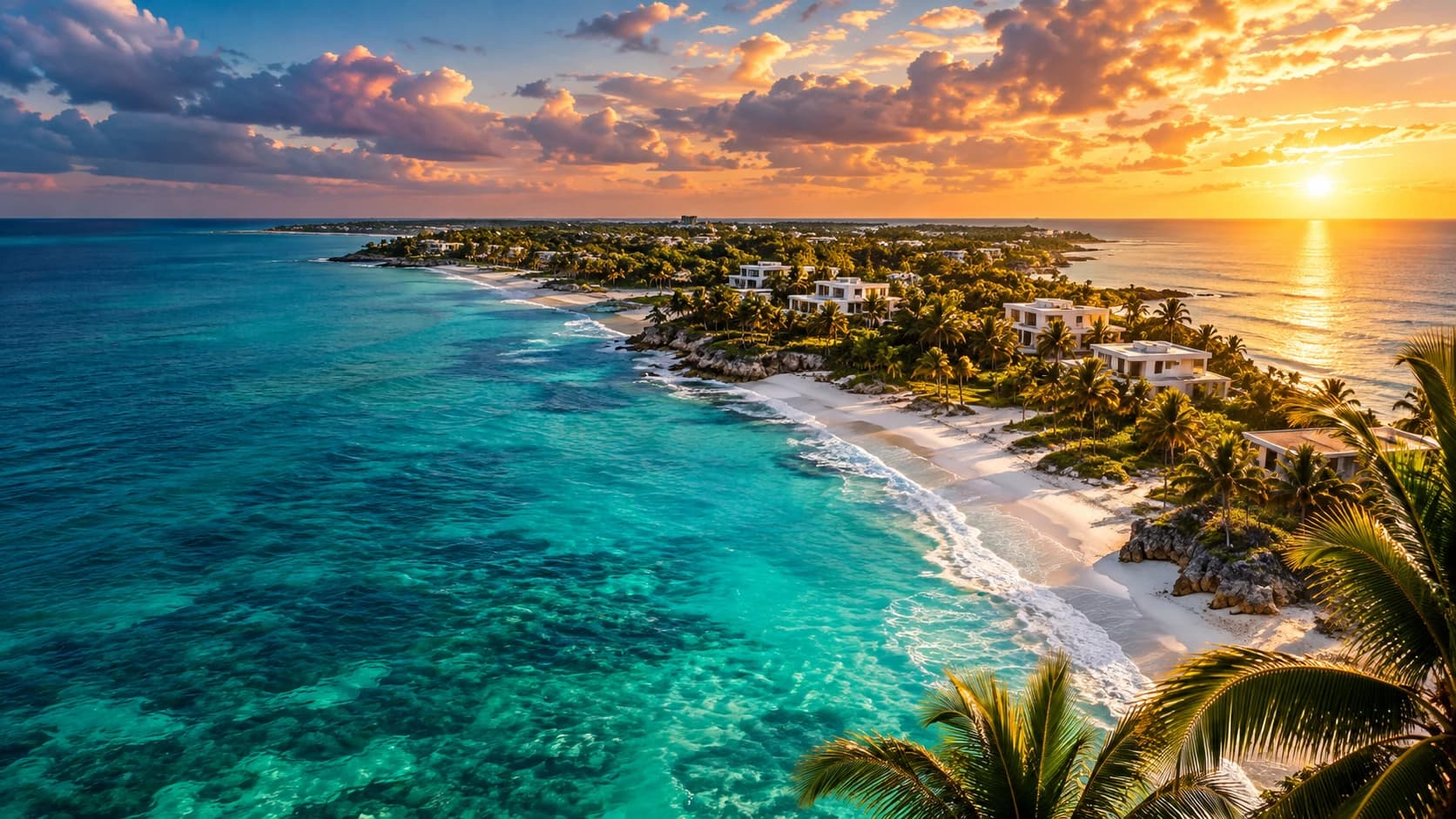 Aerial view of a Caribbean coastline at sunset: turquoise reef water, white-sand beach, villas among palm trees